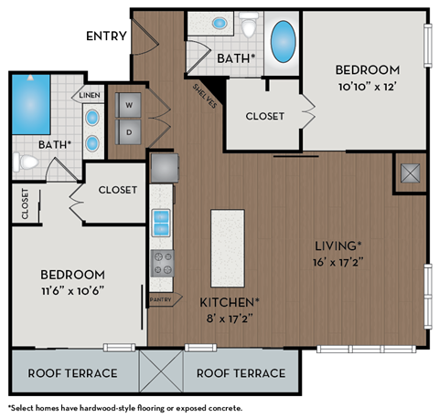 A floor plan of a home with a living room, kitchen, two bedrooms and two bathrooms.